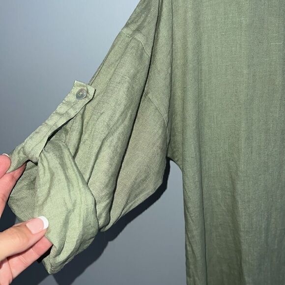 Made in Italy women size Small midi olive green  dress 100% linen Lagenlook - Picture 3 of 9